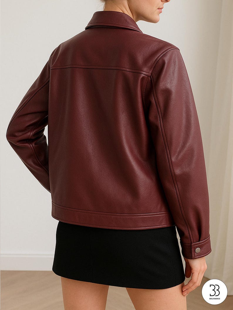 Women’s Burgundy Faux Leather Zip-Up Jacket