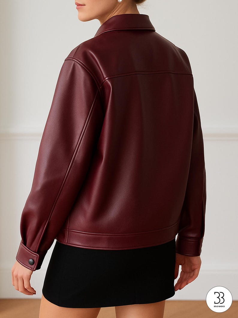 Women’s Burgundy Faux Leather Zip-Up Jacket