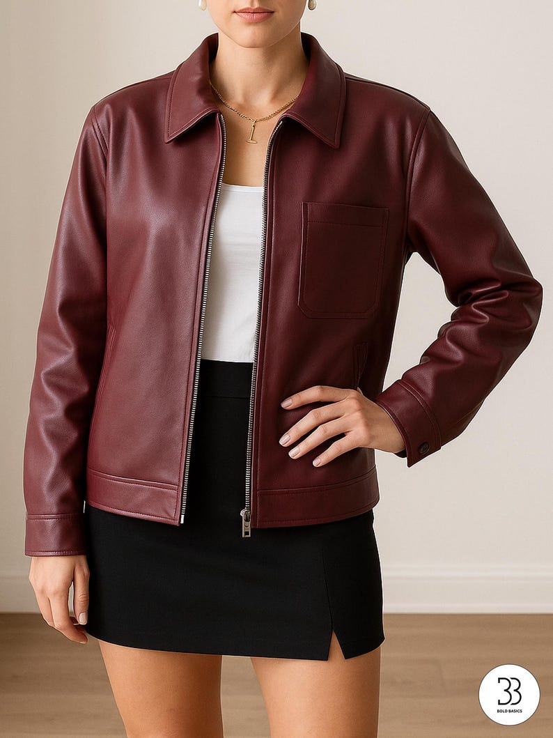 Women’s Burgundy Faux Leather Zip-Up Jacket