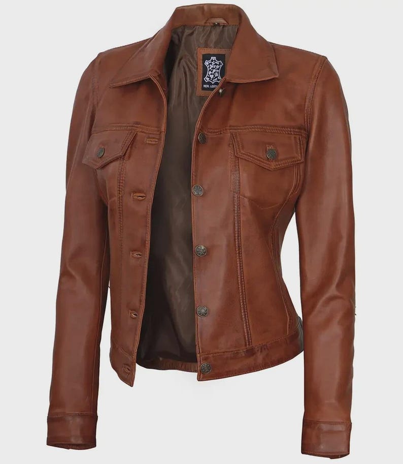 Women’s Classic Tan Leather Trucker Jacket