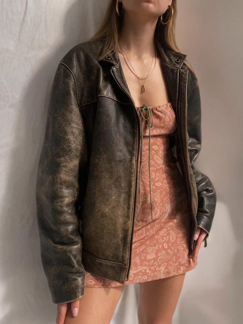 Vintage Distressed Brown Leather Jacket for Women
