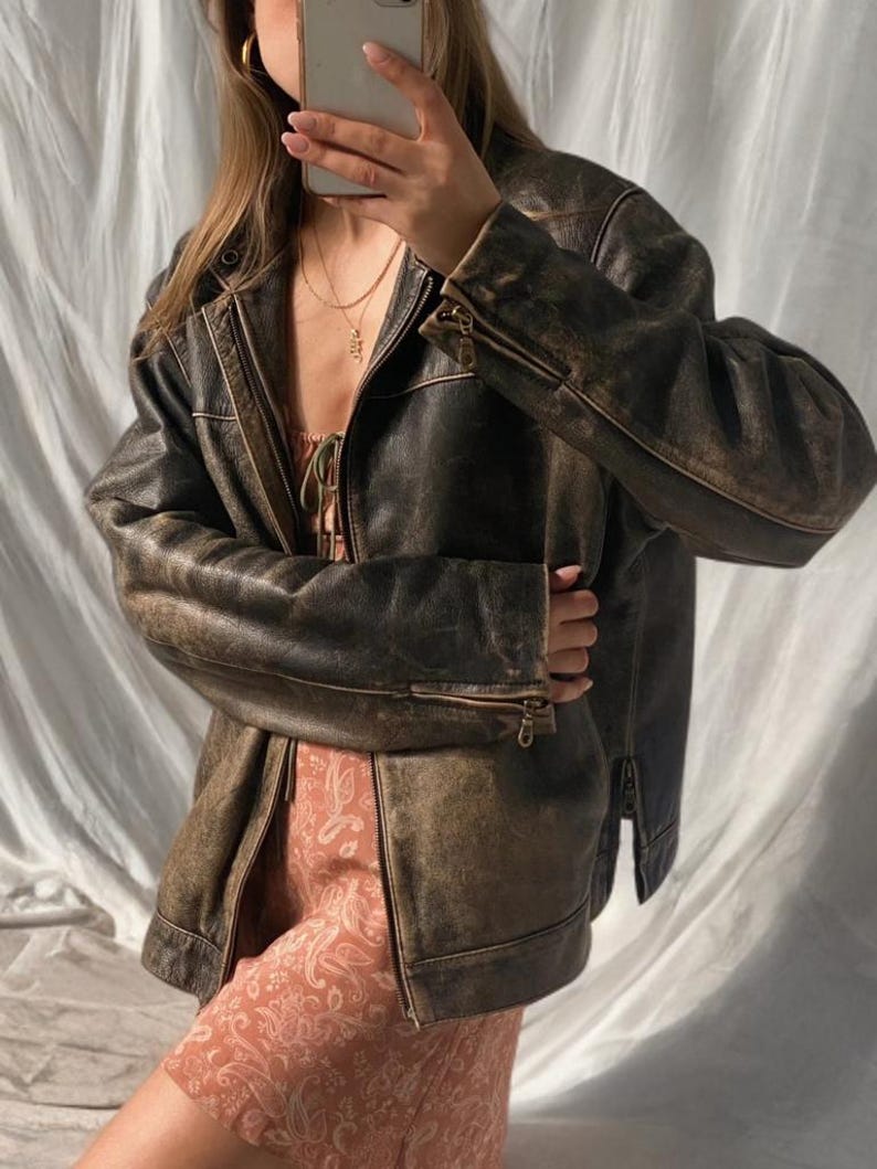 Vintage Distressed Brown Leather Jacket for Women