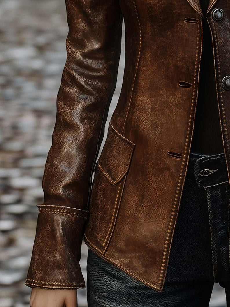 Classic Brown Vintage Leather Blazer for Women
