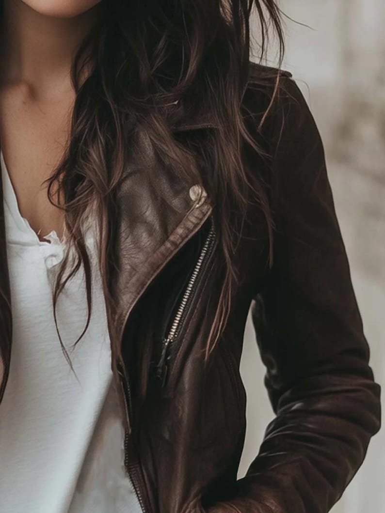 Vintage Brown Leather Biker Jacket for Women