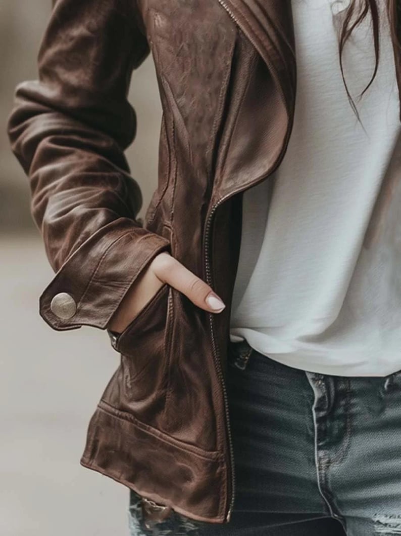 Vintage Brown Leather Biker Jacket for Women