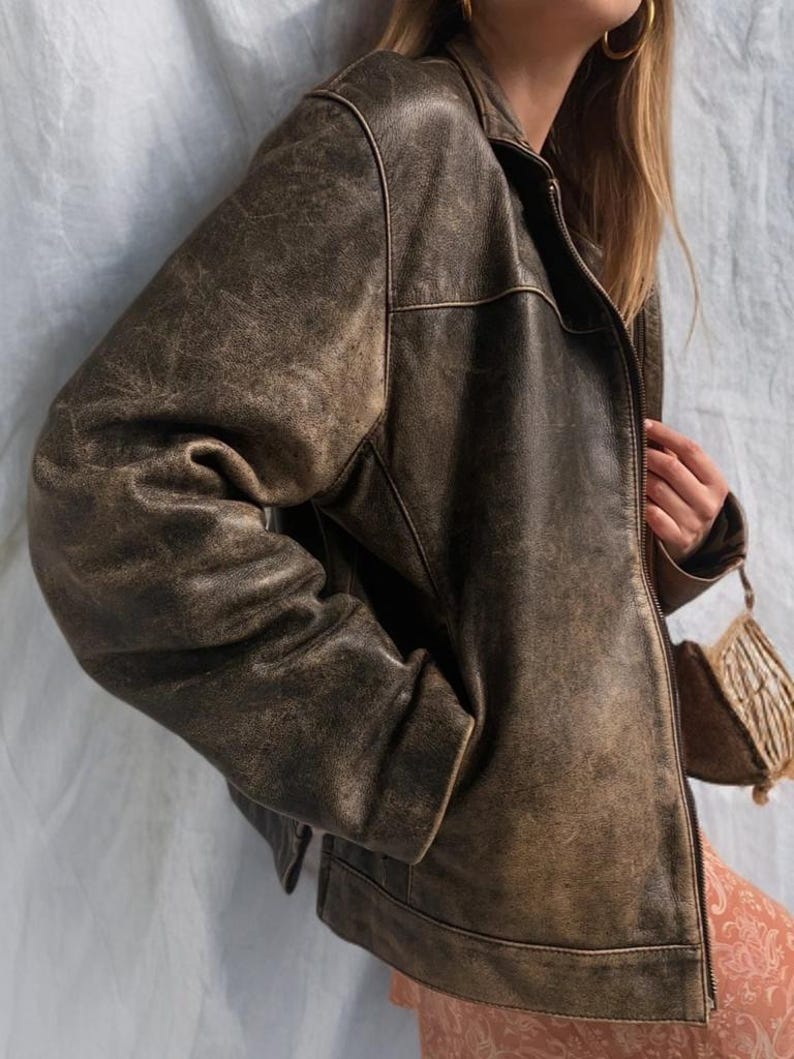 Vintage Distressed Brown Leather Jacket for Women