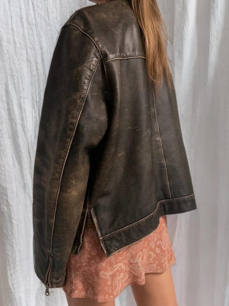 Vintage Distressed Brown Leather Jacket for Women