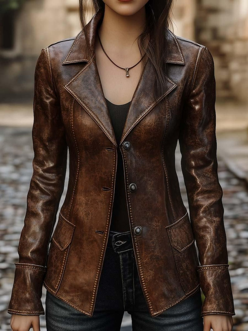 Classic Brown Vintage Leather Blazer for Women