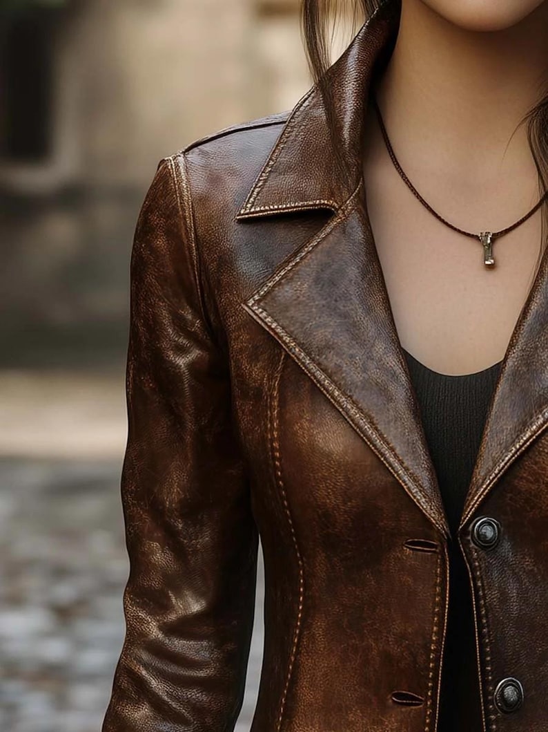 Classic Brown Vintage Leather Blazer for Women