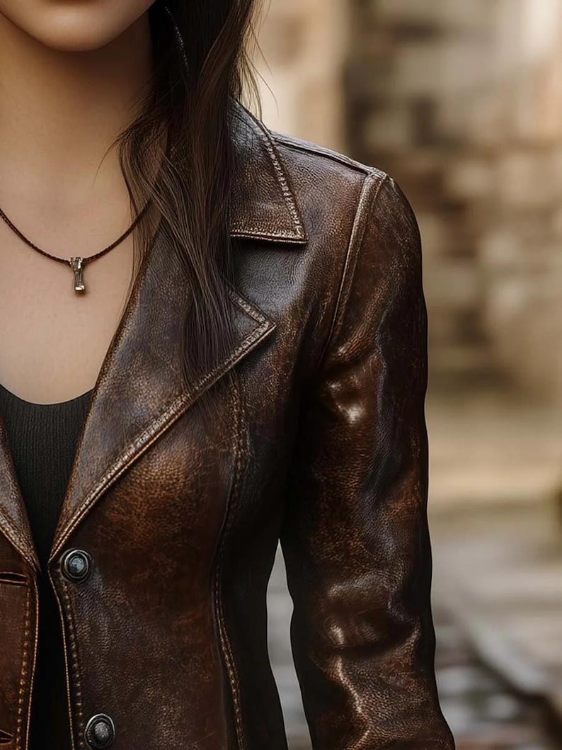 Classic Brown Vintage Leather Blazer for Women