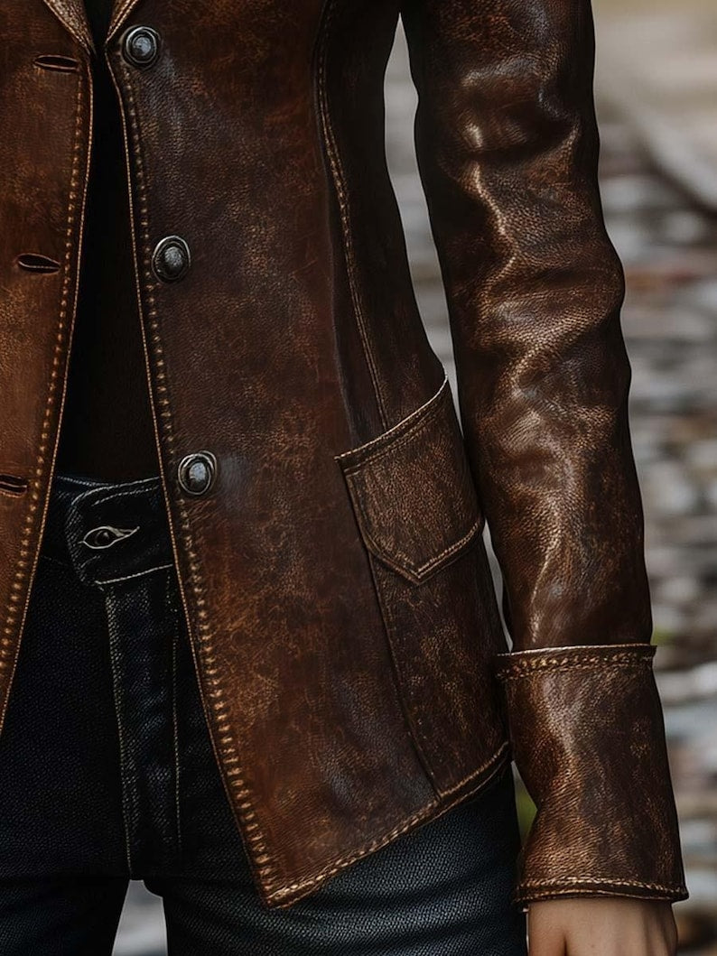 Classic Brown Vintage Leather Blazer for Women