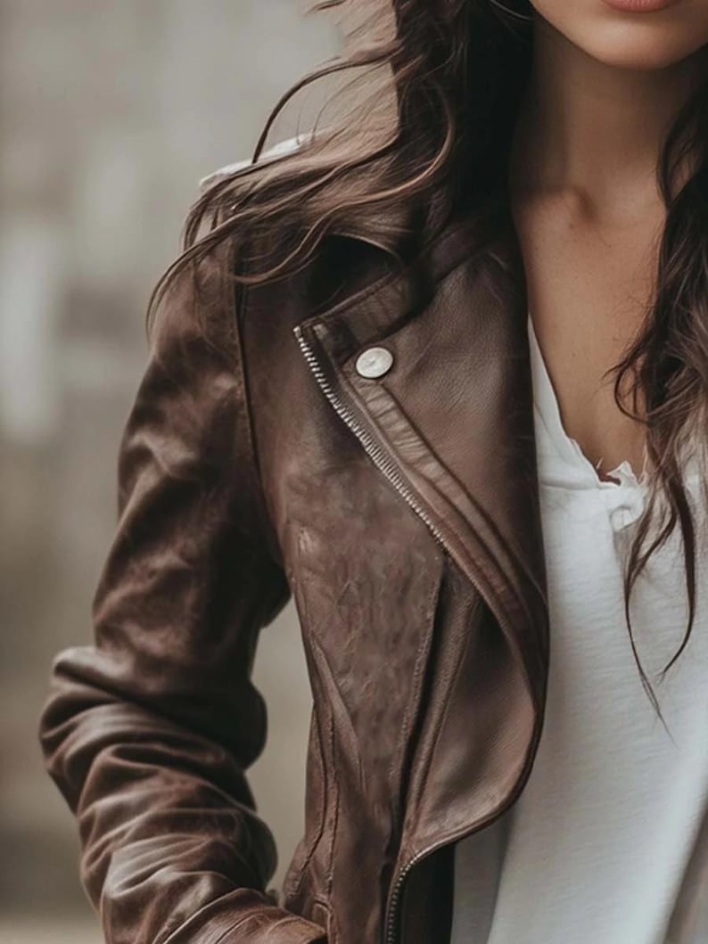 Vintage Brown Leather Biker Jacket for Women