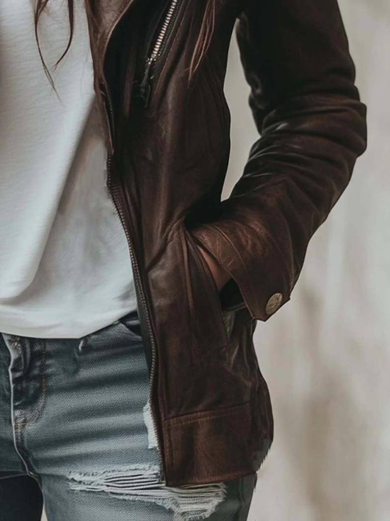 Vintage Brown Leather Biker Jacket for Women