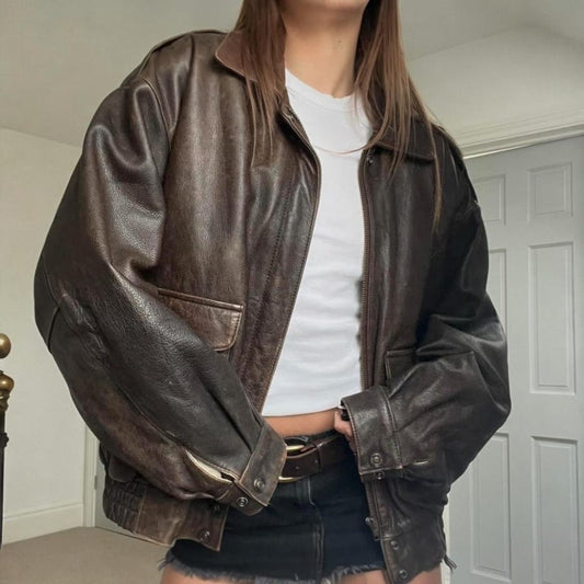 Oversized Vintage Brown Leather Bomber Jacket for Women
