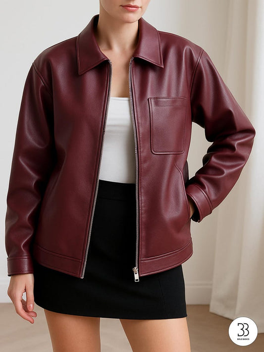 Women’s Burgundy Faux Leather Zip-Up Jacket