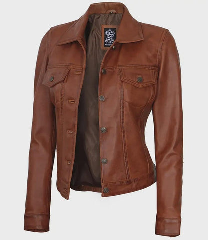 Women’s Classic Tan Leather Trucker Jacket