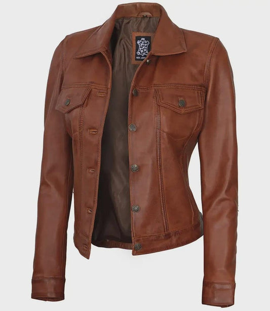 Women’s Classic Tan Leather Trucker Jacket