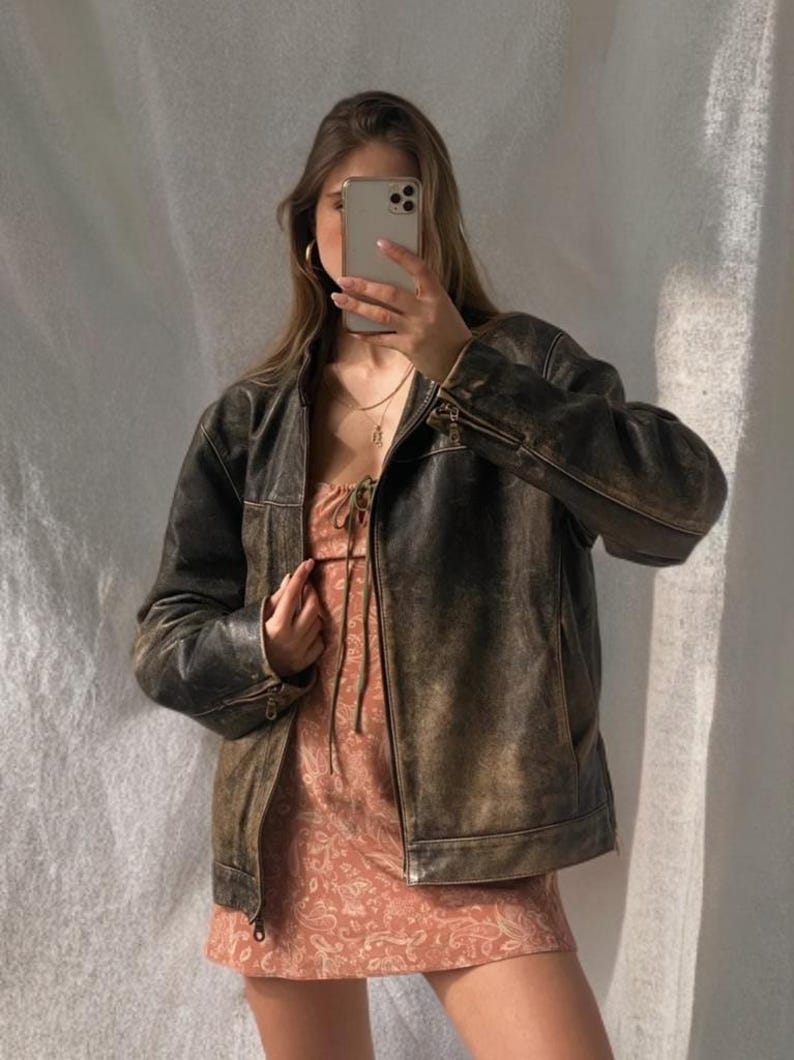 Vintage Distressed Brown Leather Jacket for Women