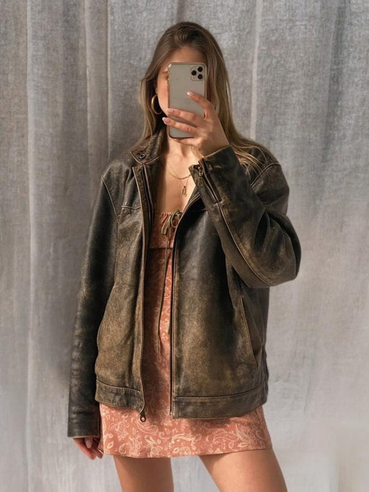 Vintage Distressed Brown Leather Jacket for Women