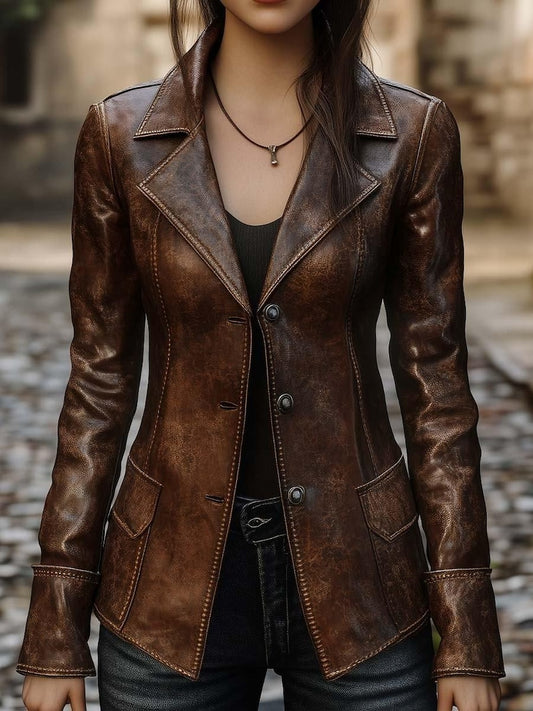 Classic Brown Vintage Leather Blazer for Women