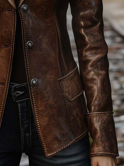 Classic Brown Vintage Leather Blazer for Women