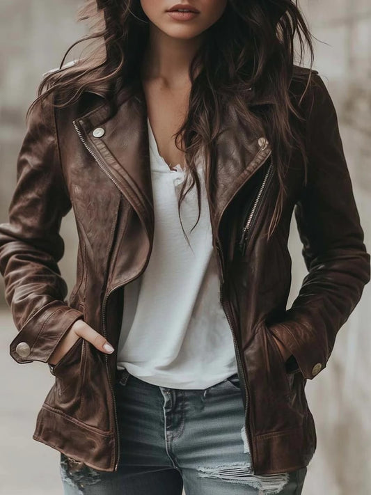Vintage Brown Leather Biker Jacket for Women